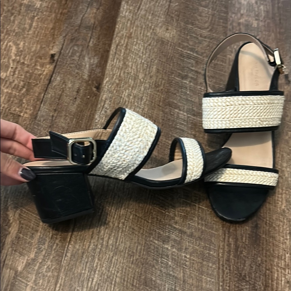 Ann Taylor Black and Cream Heels with Textured Straps - Picture 2 of 5
